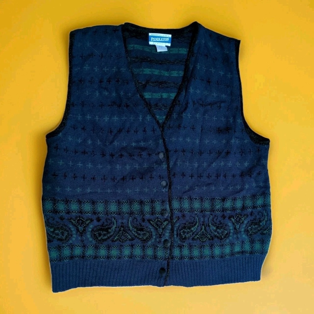 Vtg USA-Made PENDLETON Womens L Classic Wool Blend Blue Green Vest Christmas